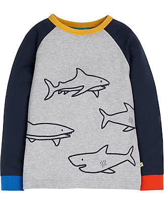 Frugi James Applique T-Shirt - Grey Marl/Sharks - Organic Cotton Long Sleeves Tops