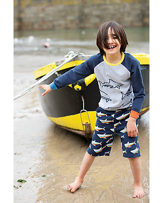 Frugi James Applique T-Shirt - Grey Marl/Sharks - Organic Cotton Long Sleeves Tops