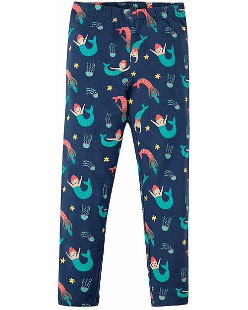 Frugi Libby Printed Leggings, Marine Blue Mermaid Magic - Elasticated organic cotton Leggings