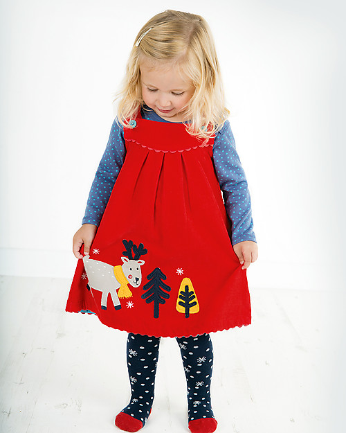 Frugi Lily Cord Dress, Tomato/Reindeer - 100% organic cotton Dresses_
