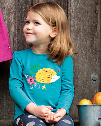Frugi Little Alana Applique Top - Tobemory Teal/Hedgehog - Organic Cotton Long Sleeves Tops