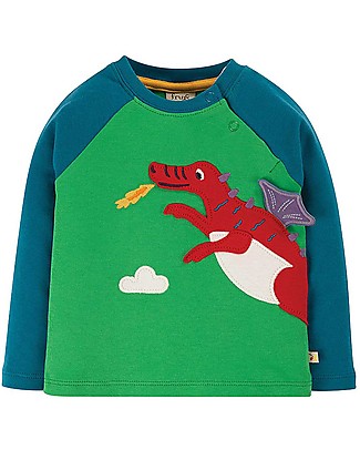 Frugi Little Albert Applique Top - Glen Green/Dragon - Organic Cotton Long Sleeves Tops