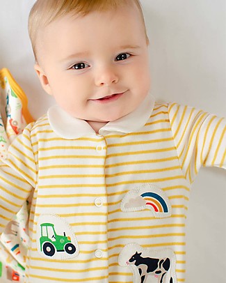 Frugi Little Collared Babygrow -Bumblebee Breton/Soft White - Organic Cotton Babygrows