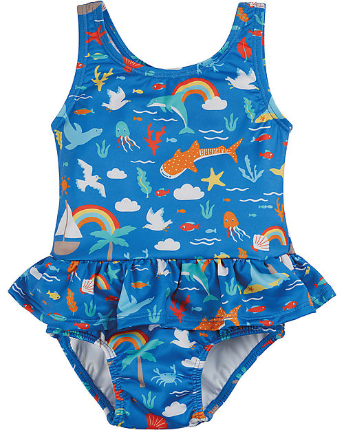 Frugi Little Coral Swimsuit - Fishing for Rainbows - Blue/Rainbows and Sea Creatures - Eco-Friendly Swimsuits