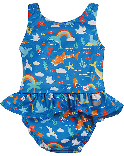Frugi Little Coral Swimsuit - Fishing for Rainbows - Blue/Rainbows and Sea Creatures - Eco-Friendly Swimsuits