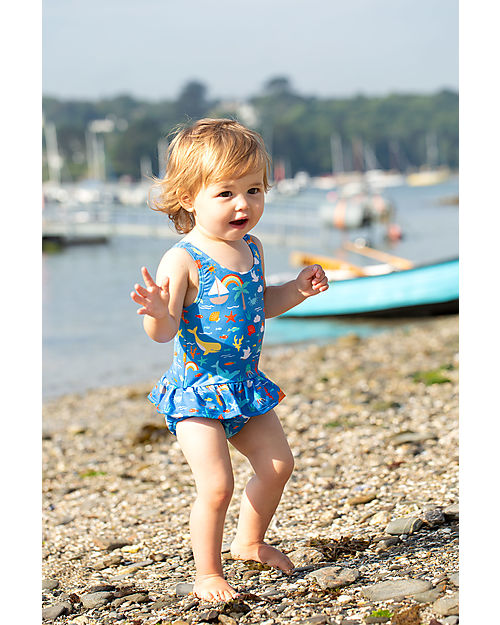 Frugi Little Coral Swimsuit - Fishing for Rainbows - Blue/Rainbows and Sea Creatures - Eco-Friendly Swimsuits