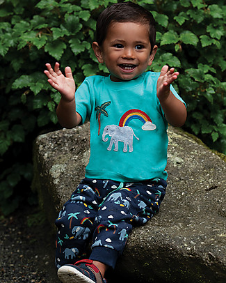 Frugi Little Creature Applique Top - Pacific Aqua/ Elephant - Organic Cotton T-shirts