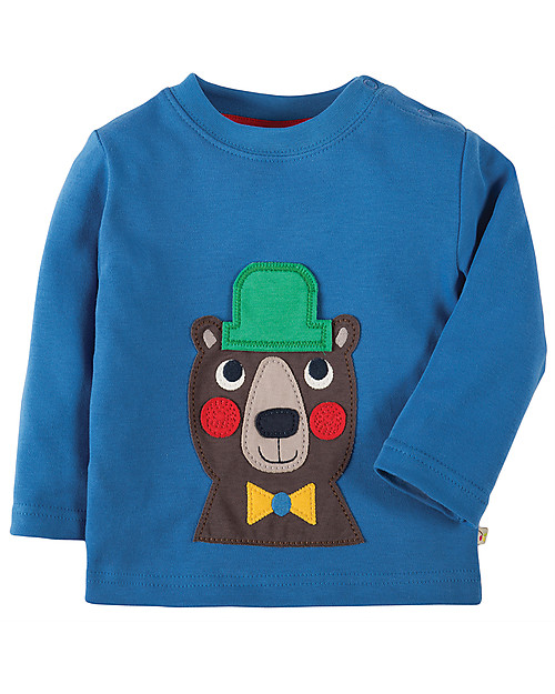 Frugi Little Discovery Applique Top, Sail Blue/Bear - 100% organic cotton T-shirts