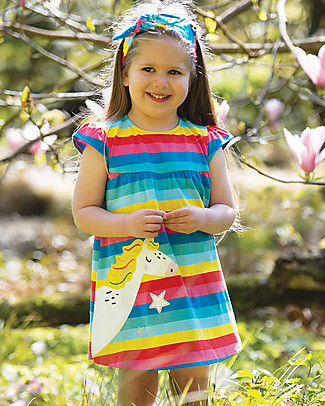 Frugi Little Lola Dress - Flamingo Multistripe/Unicorn - Organic cotton Dresses