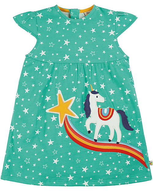 Frugi Little Lola Dress - Pacific Aqua Stars/Unicorn - Organic Cotton Dresses_