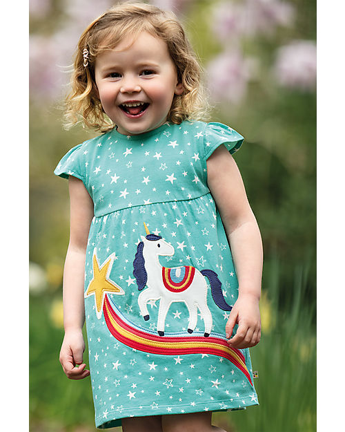 Frugi Little Lola Dress - Pacific Aqua Stars/Unicorn - Organic Cotton Dresses_