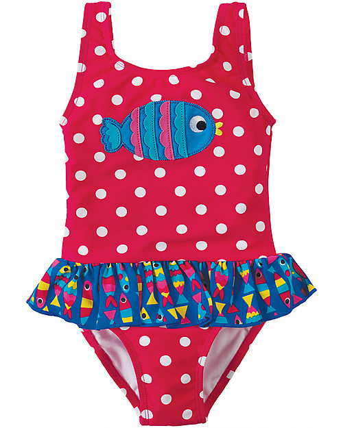 Frugi Little Sally Swimsuit, Raspberry/Fish - UPF 50+! Swimsuits