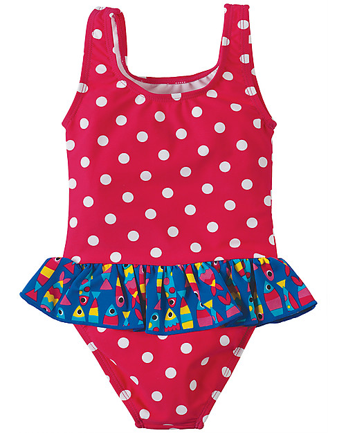 Frugi Little Sally Swimsuit, Raspberry/Fish - UPF 50+! Swimsuits