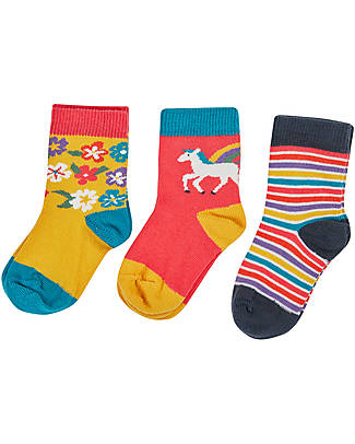 Frugi Little Socks 3 Pack - Pegasus Rainbow Flowers - Organic Cotton Socks
