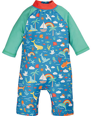 Frugi Little Sun Safe Swimsuit - Aqua/Fishing for Rainbows - Blue/Rainbows and Sea Creatures - UPF 40+ Uv-Safe T-shirt