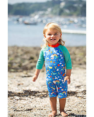 Frugi Little Sun Safe Swimsuit - Aqua/Fishing for Rainbows - Blue/Rainbows and Sea Creatures - UPF 40+ Uv-Safe T-shirt