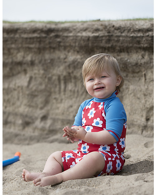 Frugi Little Sun Safe Swimsuit, Red with flowers - Sun protection UPF 50+ Uv-Safe T-shirt