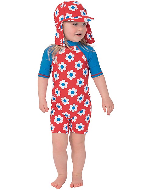 Frugi Little Sun Safe Swimsuit, Red with flowers - Sun protection UPF 50+ Uv-Safe T-shirt