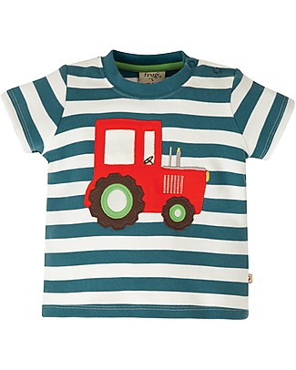 Frugi Little Wheels Applique Top - Steely Blue Stripes/Tractor - Organic cotton Evening Tops