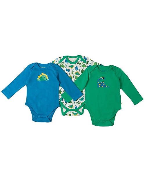 Frugi Long Sleeved Bodysuit, Dinos - Pack of 3 - 100% Organic Cotton Long Sleeves Bodies