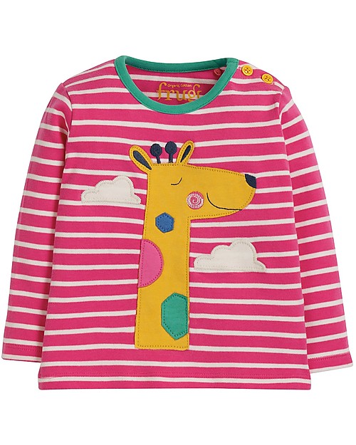Frugi Long Sleeves Button Applique Top, Flamingo Breton/Giraffe - 100% organic cotton Long Sleeves Tops