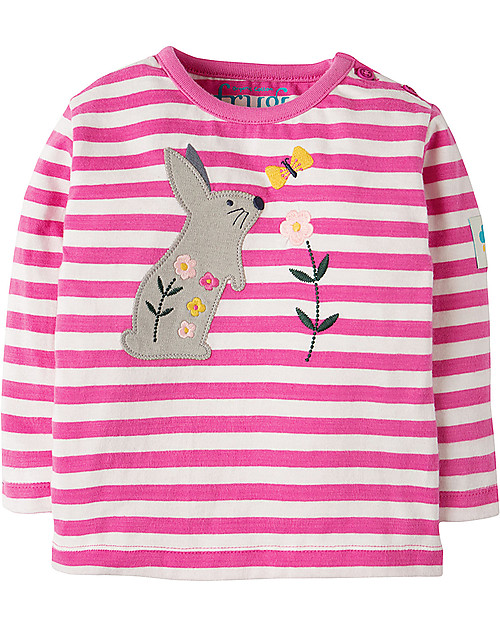 Frugi Long Sleeves Button Applique Top, Flamingo Stripe/Bunny - 100% organic cotton Long Sleeves Tops