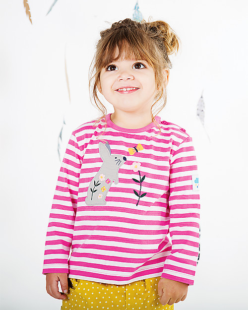 Frugi Long Sleeves Button Applique Top, Flamingo Stripe/Bunny - 100% organic cotton Long Sleeves Tops
