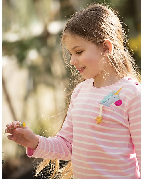 Frugi Louise Pocket Top, Soft Pink Breton/Unicorn - Organic cotton Long Sleeves Tops
