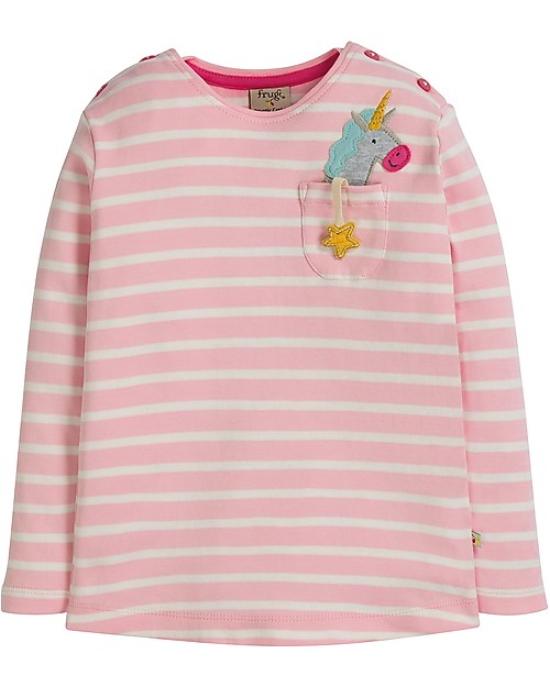 Frugi Louise Pocket Top, Soft Pink Breton/Unicorn - Organic cotton Long Sleeves Tops