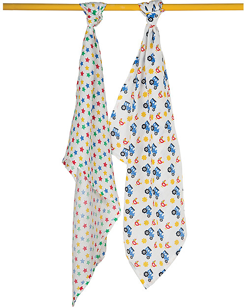 Frugi Lovely 2 Pack Muslin Set, Stars/Tractor 65 x 65 cm - 100% Organic Cotton Muslin Swaddle