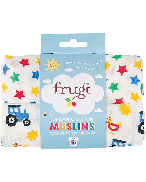 Frugi Lovely 2 Pack Muslin Set, Stars/Tractor 65 x 65 cm - 100% Organic Cotton Muslin Swaddle