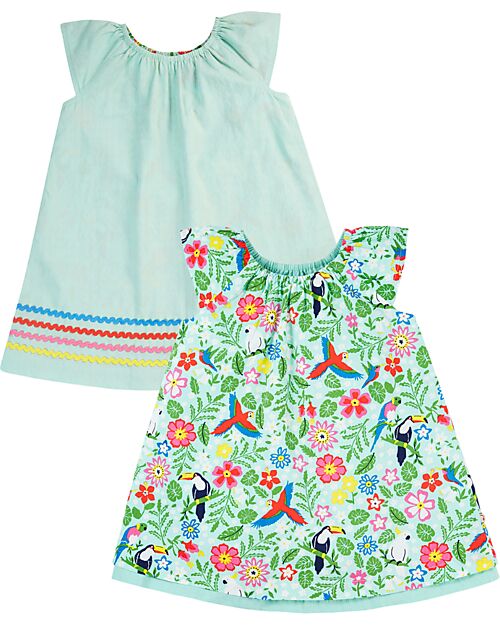 Frugi Lowen Reversible Dress - Tropical Birds/Spring Dobby - Organic Cotton Dresses_