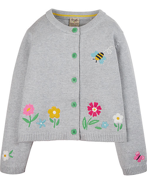 Frugi Millie Embroidered Cardigan - Grey/Flowers - 100% GOTS Organic Cotton Cardigans