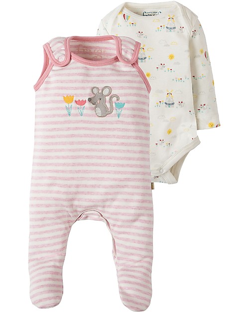 Frugi My first Outfit, BabyGrow & Bodysuit, Pink Marl Stripe/Mouse - 100% organic cotton Babygrows