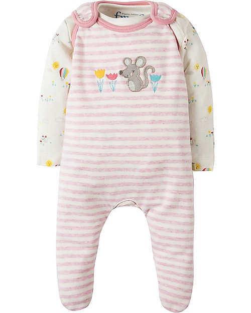 Frugi My first Outfit, BabyGrow & Bodysuit, Pink Marl Stripe/Mouse - 100% organic cotton Babygrows