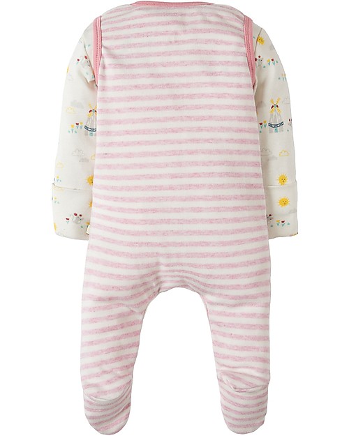 Frugi My first Outfit, BabyGrow & Bodysuit, Pink Marl Stripe/Mouse - 100% organic cotton Babygrows