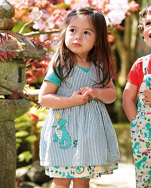 Frugi Nora Reversible Dress - Seersucker Stripe/Dino (from 4 to 6 years) Dresses_