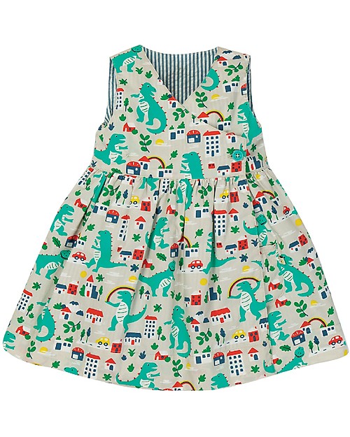 Frugi Nora Reversible Dress - Seersucker Stripe/Dino (from 4 to 6 years) Dresses_