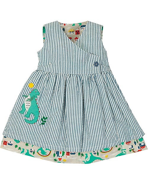 Frugi Nora Reversible Dress - Seersucker Stripe/Dino (from 4 to 6 years) Dresses_