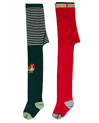 Frugi Norah Tights - Pack of 2 - Fir Tree Robin/True Red - Organic Cotton Tights