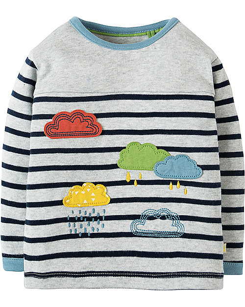 Frugi Playtime Panel Tee, Grey Marl Stripe/Rainclouds - Organic cotton Long Sleeves Tops