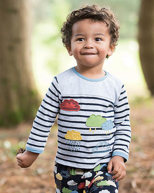 Frugi Playtime Panel Tee, Grey Marl Stripe/Rainclouds - Organic cotton Long Sleeves Tops