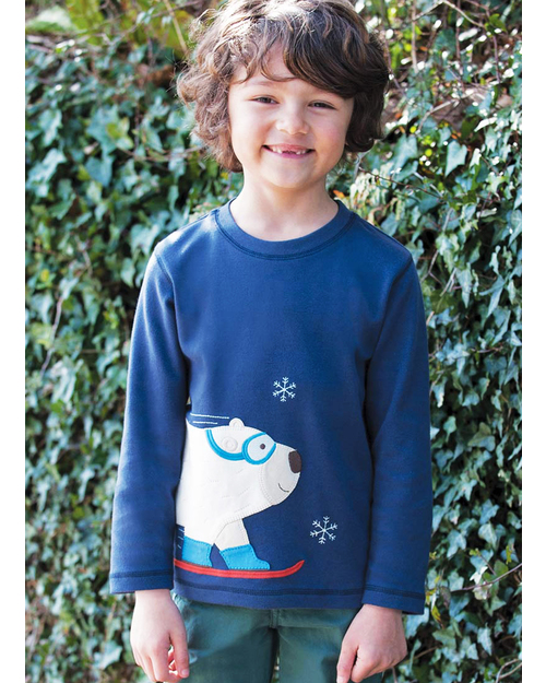 Frugi Polar Bear Applique Top - Blue Navy - 100% Organic Cotton Long Sleeves Tops