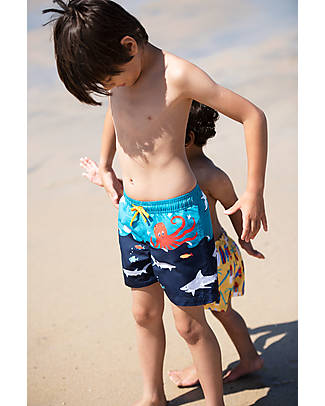 Frugi Polkerris Board Shorts - Lies Below Scene - Blue and Light Blue/Fishes - 100% Recycled fabric Swimming Trunks