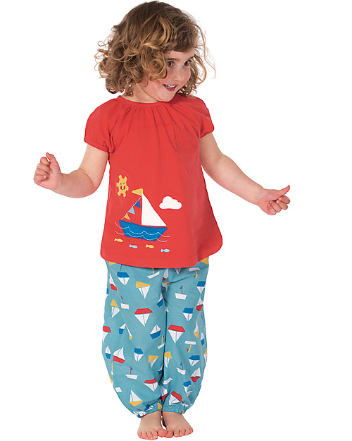 Frugi Pretty Pull Ups, Aqua with Sailboats - 100% Organic Cotton Trousers