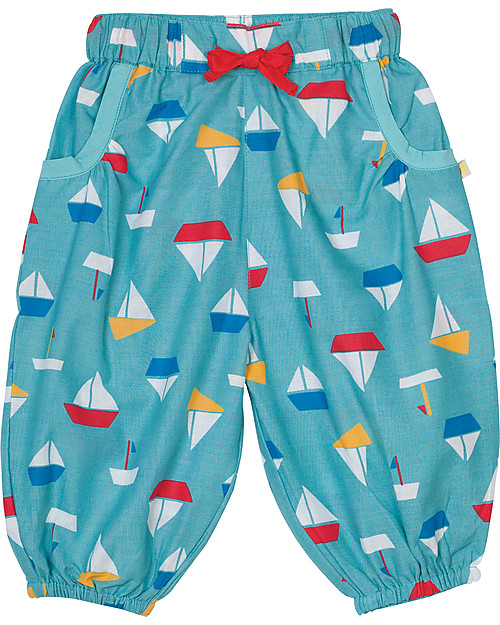 Frugi Pretty Pull Ups, Aqua with Sailboats - 100% Organic Cotton Trousers
