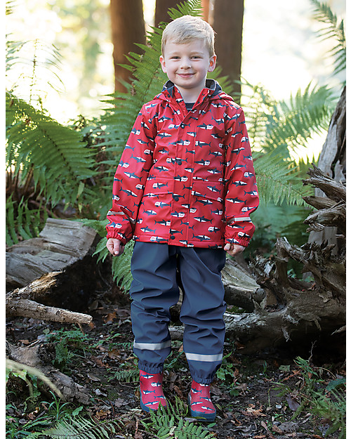 Frugi Puddle Buster Coat, Hungry Sharks - 100% recycled material! Waterproof