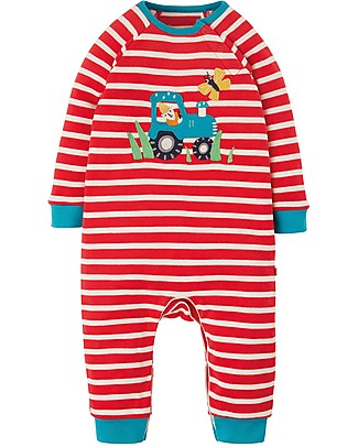 Frugi Remy Romper - True Red Stripe/Tractor Babygrows