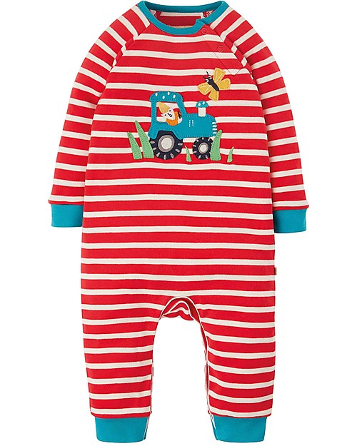 Frugi Remy Romper - True Red Stripe/Tractor Babygrows