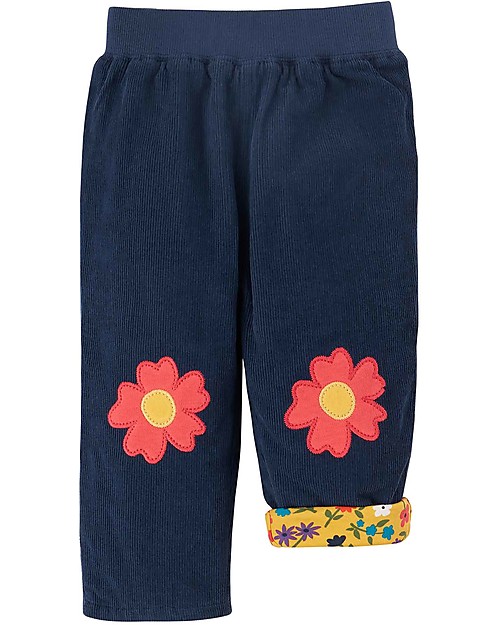Frugi Reversible Cord Trousers - Blue/Wild Flowers - 100% GOTS Organic Cotton Trousers